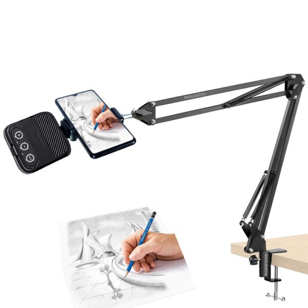 BROLAVIYA®Overhead Video Mobile Stand with Rechargeble RGB LED Video Light, Metal Long Arm, 1/4" Ball Head Male for Camera, Gopro Webcams, Mobile Bracket for Desktop, Bedroom, Office