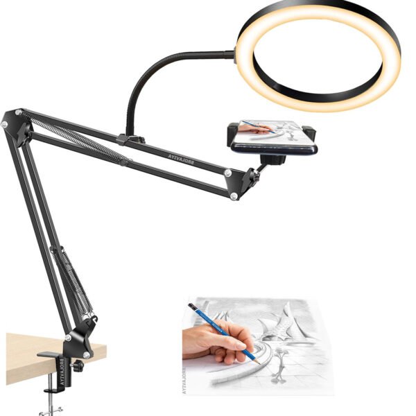 BROLAVIYA® Overhead Video Stand with 10 Inch Ring Light, Metal Arm Body, 1/4" Ball Head For Camera, Webcam, Gopro with Mobile and Tablet Bracket for Overhead Video, Desktop, Bedroom, Office