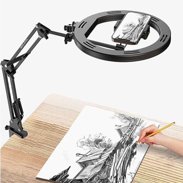 BROLAVIYA®No Shadow Overhead Video Mobile Stand with Extra Long Metal Arm,10inch Selfie Ring Light,2 Way Base clamp 1/4" Adaptor for Camera, GoPro and Mobile Bracket for Desktop, Bedroom, Office