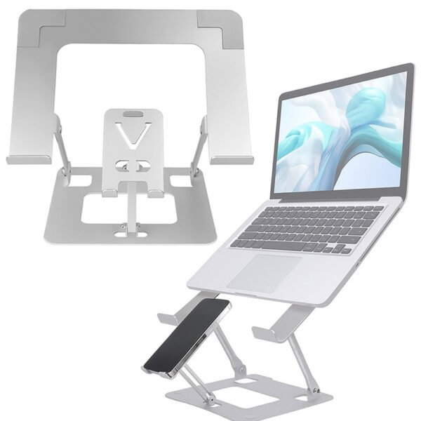 BROLAVIYA® Dual Laptop and Mobile Stand, Foldable Aluminum Riser with Heat-Vent, Portable Notebook & Mobile Holder for Desk, Compatible with All 9''–17'' Laptops, Tablets and Smartphones, Silver