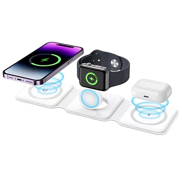BROLAVIYA® 3 in 1 Magnetic Foldable 15w Wireless Charging Station for iPhone 17/16/15/13/12/11 Series, Samsung Galaxy S25/S24/S23/S22/S21/S20, with Type C Cable, White