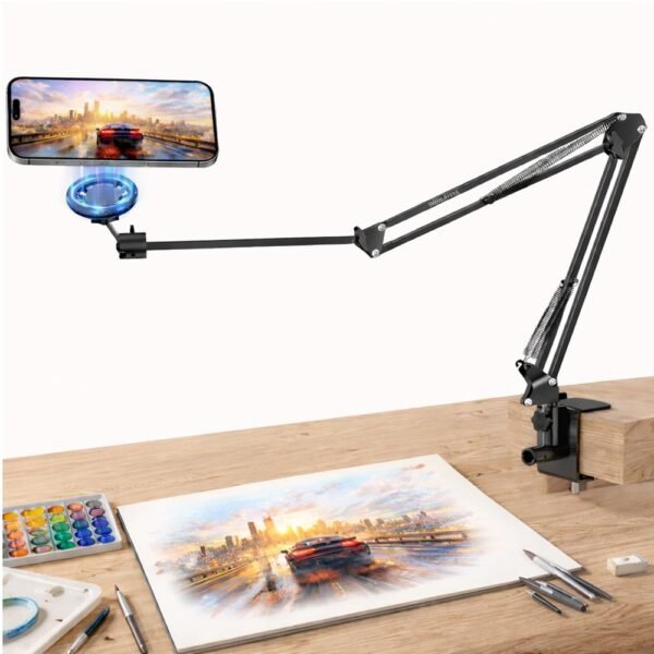 BROLAVIYA® Overhead Video Mobile Stand, New Magnetic Bracket with Extra Long Arm, 1/4" Head 2 Way Base Clamp, Strong Magnet Compatible with iPhone and Smartphones for Home, Office