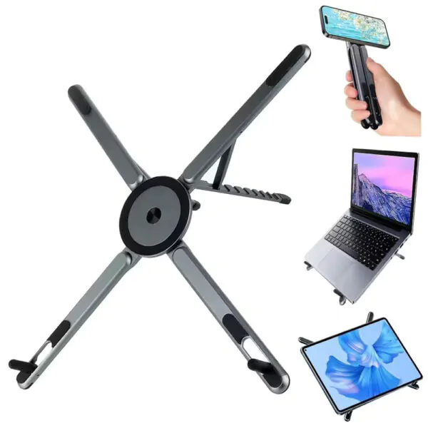 BROLAVIYA® 3-in-1 Foldable Adjustable Height Magnetic Aluminum Stand, Compatible with Phones, Tablets and Laptops, Offers 8 Height Adjustment Settings, Portable Desktop Holder